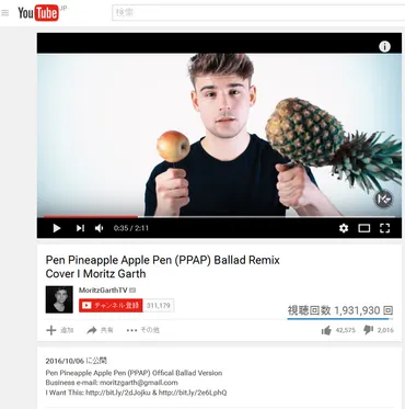 Youtube』にアップされて2ヶ月……世界に広がるペンパイナッポーアッポーペン(PPAP) 