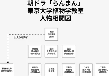 らんまん 相関図 東京大学植物学教室(青長屋)の人たち 田邊彰久・徳永政市・大窪昭三郎・野宮朔太郎・細田晃助・飯島悟・柴豊隆・藤丸次郎・波多野泰久 朝ドラらんまんの相関図を分かりやすく