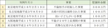 浮気・不倫（不貞）の慰謝料相場はいくら？５つの視点と厳選重要判例【簡単早見表付き】