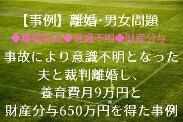 意識不明】【離婚訴訟】【財産分与】事故により寝たきりとなった夫と裁判離婚し、養育費月9万円と財産分与650万円を得た事例 