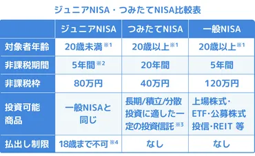 ジュニアNISAとつみたて（積立）NISA、一般NISAの違いとは？廃止日は？いつまで投資は可能？