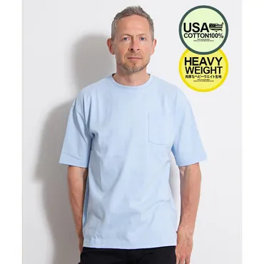 キャバリア CavariA CavariA USAビッグシルエットクルーネック半袖無地Tシャツ メンズ 半袖 大きいサイズ 無地 USAコットン  トップス カットソー シンプル ヘビーウェ （SAX(サックス)） 
