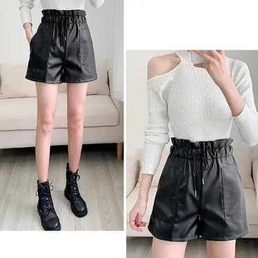ショッピングゴー shoppinggo ボードショートパンツ レディース フェイクレザーショートパンツ レザーパンツ 短パン ショーパン 革 ボトムス  黒 ブラック 無地 シンプル （ブラック） 