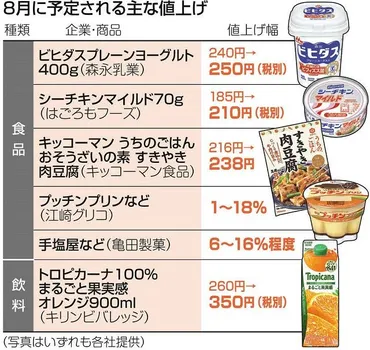 8月も続く食品値上げ…乳製品や缶詰など1000品目以上 消費者物価指数は22カ月上昇、実質賃金は14カ月減少：東京新聞デジタル