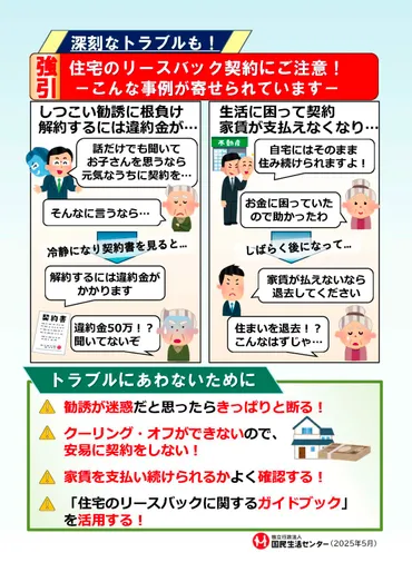 国民生活センターから注意喚起】「不動産の押し買いリースバック」は絶対にダメ！悪質な手口と深刻な被害－その２ 実際の被害事例を紹介 