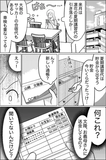 夫が義母にコッソリ援助】「俺の金からだ、何が悪い」妻に相談なしで毎月送金、子ども2人で家計に余裕はないのに…【第1話まんが】 夫が義母 にコッソリ援助