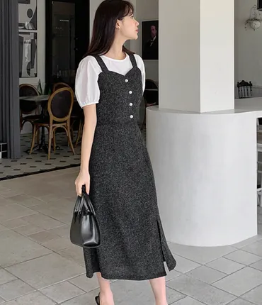 ハートネックツイードビスチェ＆サイドスリットロングスカートセット(1 ブラック): PEACH JOHN 