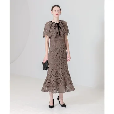 レジャ Leja 総レース袖ケープ風マーメイドシルエットワンピース美脚効果ドレス結婚式 パーティードレス 20代 30代 40代(LIGHT BROWN)