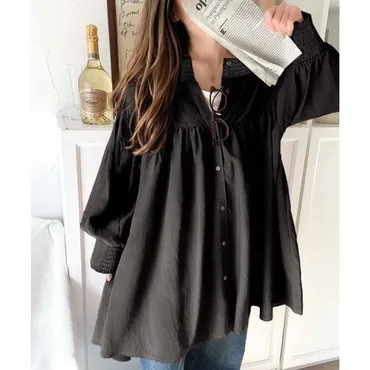 クラシカルエルフ Classical Elf 可愛さとトレンド感の両立。前後2WAY配色ステッチボリュームギャザーチュニックブラウス（七分袖）  （ブラック） 