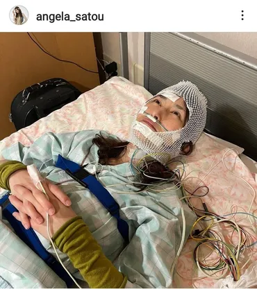 アンジェラ佐藤、ベッドでコードにつながれ…頭に包帯「えっ!?」「大丈夫ですか」フォロワー心配
